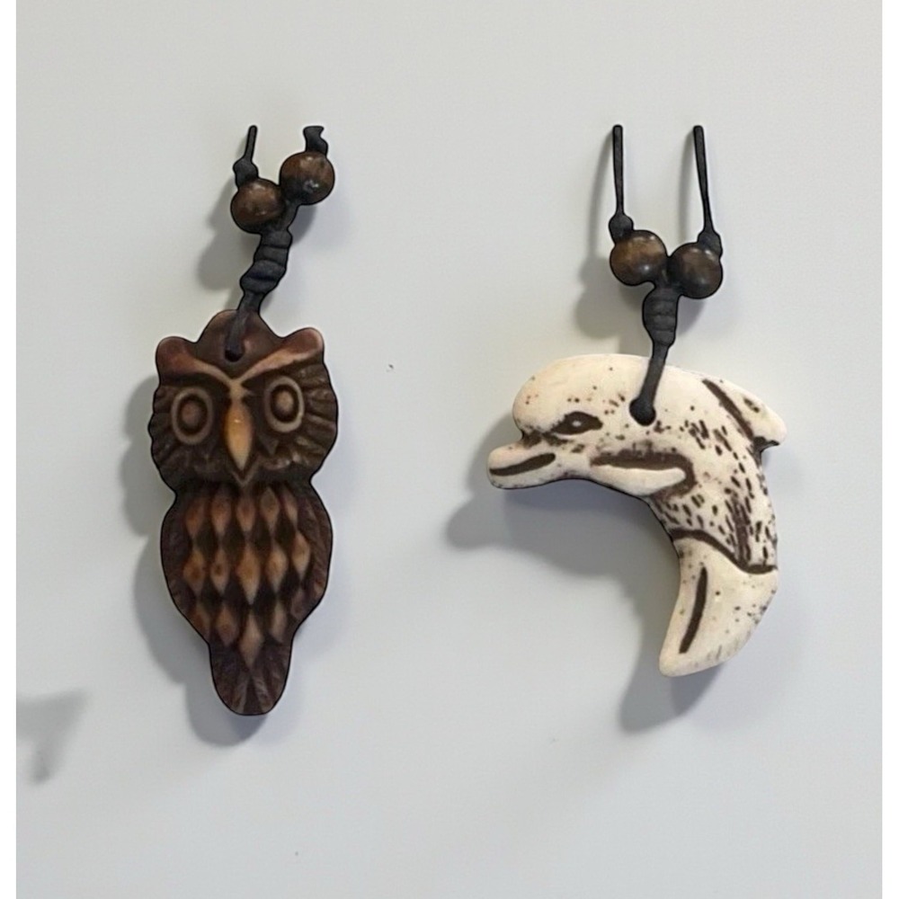 Lot of 2 Adjustable Necklaces Brown Owl & Ivory Dolpin Tribal Pendants Resin New
